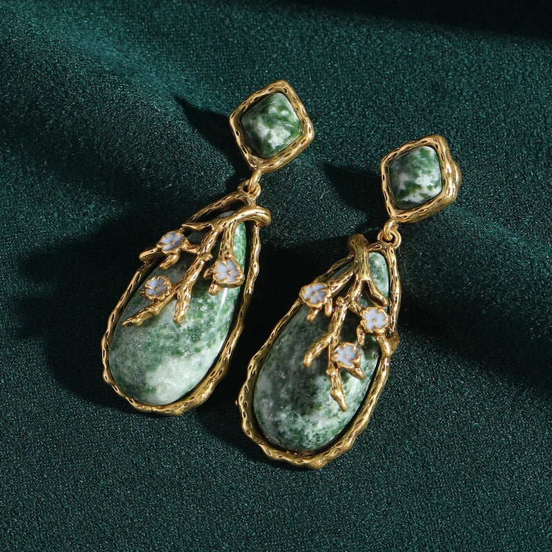 Vintage Long Vert Nature Pierre Conception Antique Couleur or Water pendantes Boucles d'oreilles