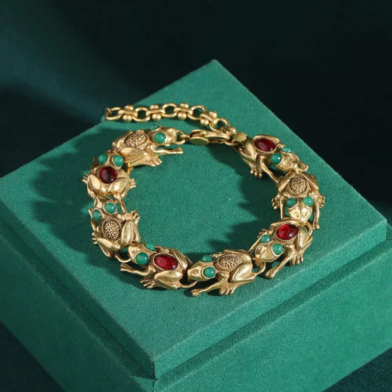 Femme Vintage Réglable Grenouille Pierre naturellele Eyes 18 carats Plaqué or Breloque Bracelet