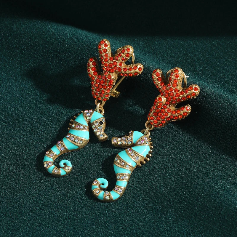 Vintage Antique Femme Coral Seahorse Émail Pierre naturellele pendantes Boucles d'oreilles