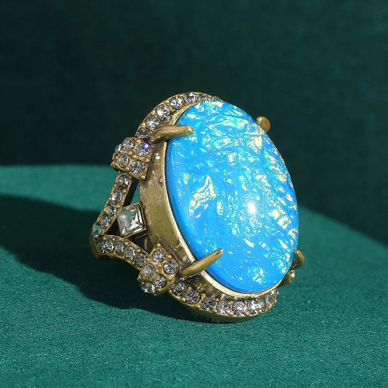 Femme Vintage Large Bleu Opal Antique Couleur or Conception Réglable Bague