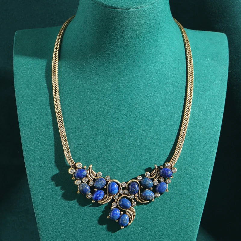 Vintage Serpent Pierre naturellele Pendentif Antique Couleur or Chaîne Collier
