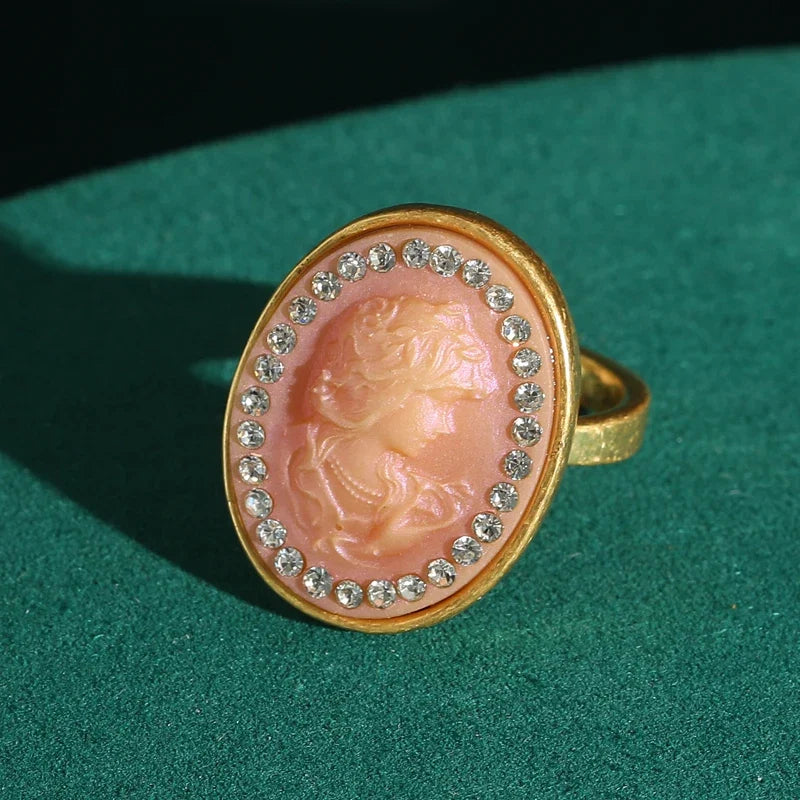 Femme Vintage Camée Rose Ovale Beauty Blanc Strass French Couleur or Bague