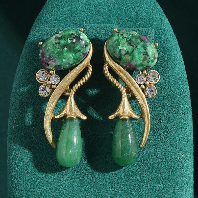 Antique Moss Vert Pierre naturellele Fleur Strass Vintage Long Water pendantes Boucles d'oreilles