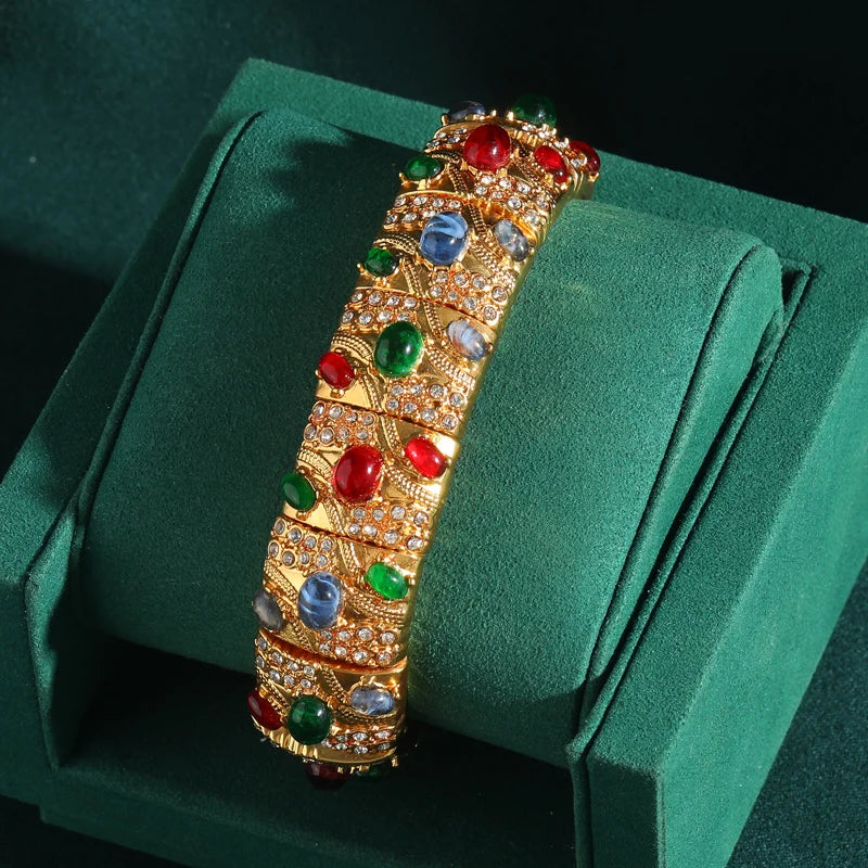 Vintage Large Élastique Pierre naturellele Inlaid Bleu Vert Couleur Antique Bracelets Bracelet