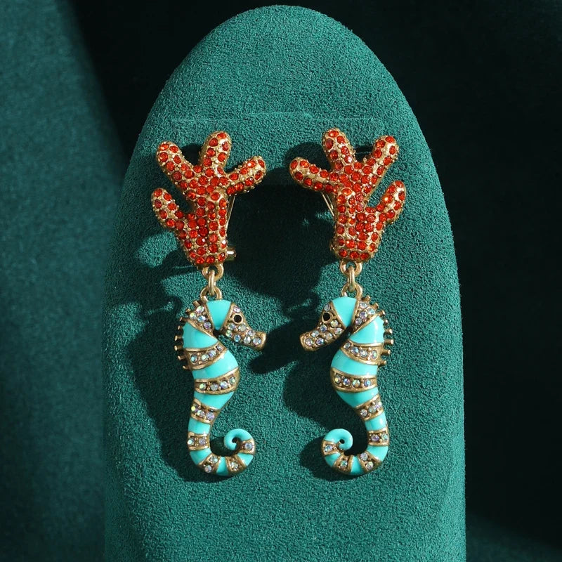 Vintage Antique Femme Coral Seahorse Émail Pierre naturellele pendantes Boucles d'oreilles