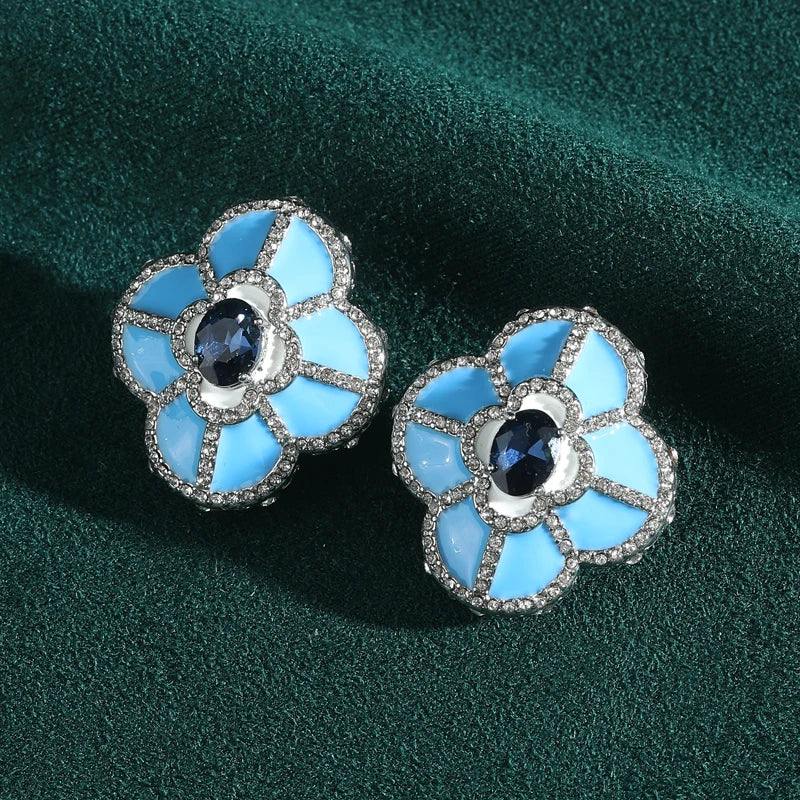 luxe Conception Large Bleu Clover Quatre Leafs Fleur clous Breloque Vintage Boucles d'oreilles