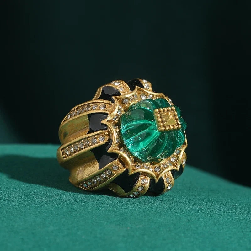Femme Vintage Pumpkin Bleu Cristal Ouvert Noir Dripping Oil Halloween Bague