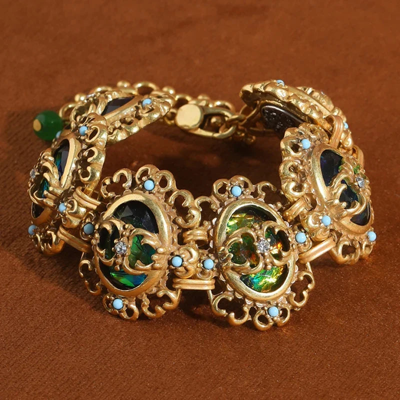 Vintage Hollow Strass Opal Breloque 18k Véritable Plaqué or Conception Bracelet