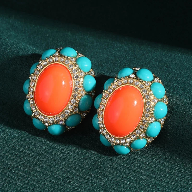 Femme Egg Shape Pierre naturellele Vintage Couleur or mariage clous Boucles d'oreilles