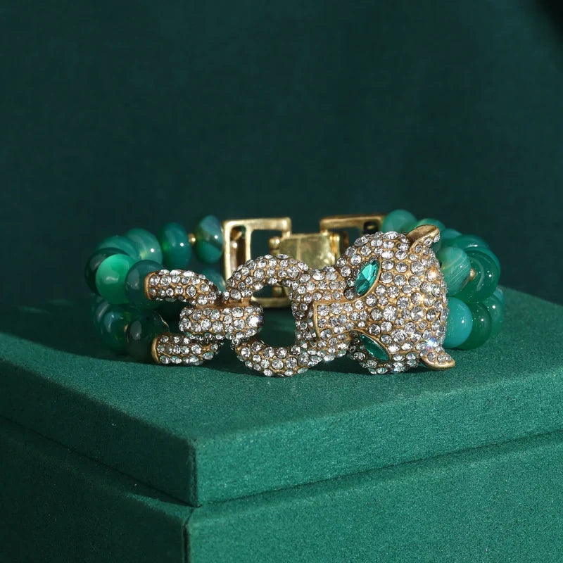 Vintage Vert Perles Femme Strass Léopard Tête Bangles Eye Bracelets