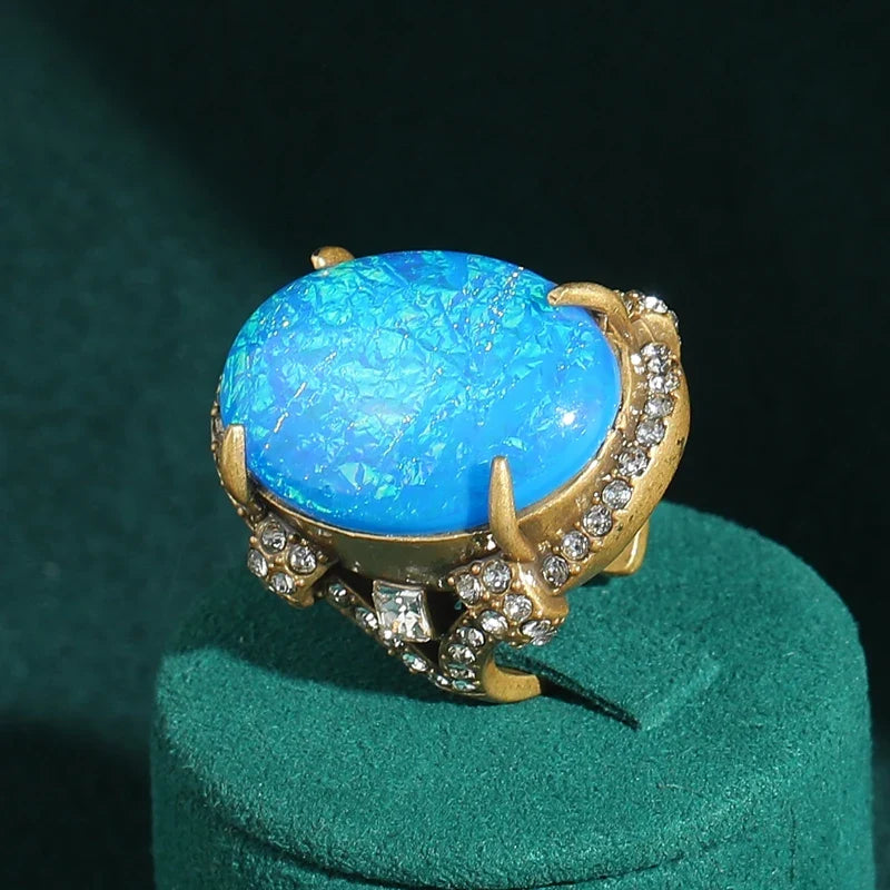 Femme Vintage Large Bleu Opal Antique Couleur or Conception Réglable Bague