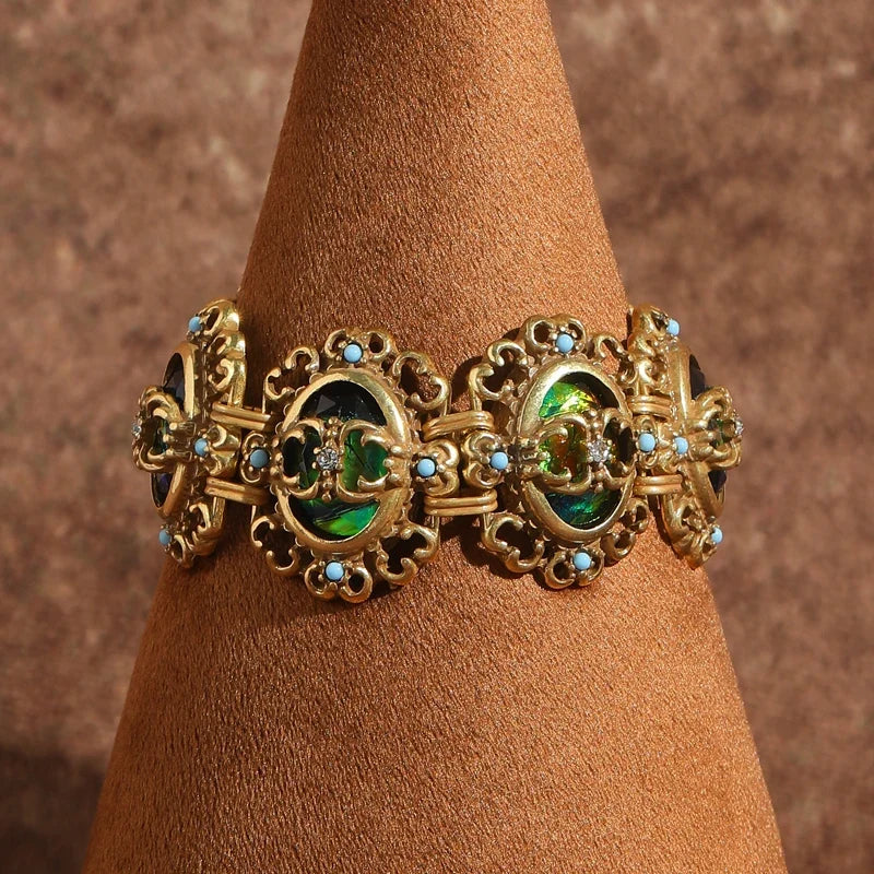 Vintage Hollow Strass Opal Breloque 18k Véritable Plaqué or Conception Bracelet