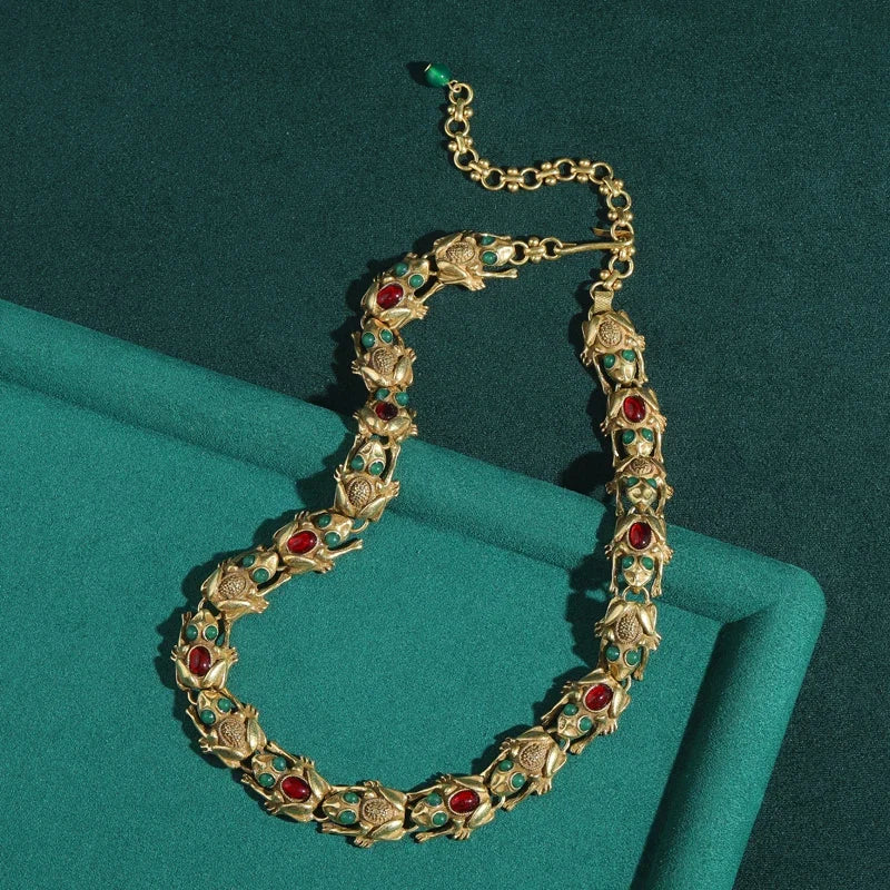 Vintage Rétro Toad Collier Femme Couleured Rouge Vert Verre Antique Couleur or mariage Collier