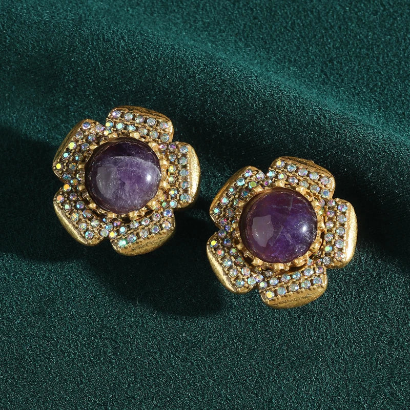 Vintage clous Floral Femme Violet Verre Fleur Strass Couleur or Antique Brand Boucles d'oreilles