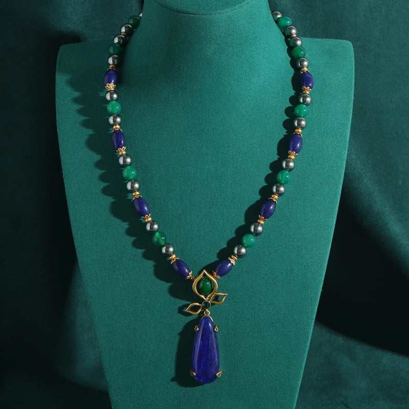 Femme Long Bleu Pierre naturellele Vintage Beaded Chaîne Perle Conception Pendentif Collier