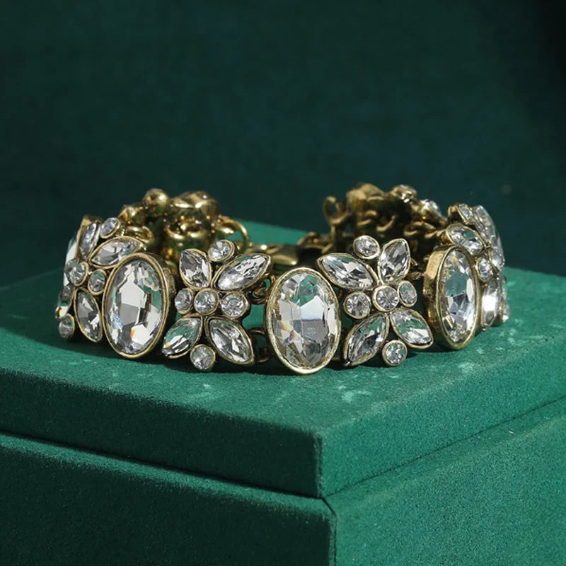 Vintage Papillon Femme Blanc Cristal Antique Couleur or Ovale Bracelet
