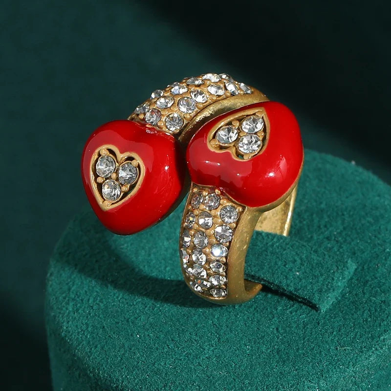 Femme Strass Ouvert Antique Couleur or Vintage Rouge Cœur Bohemian Bague