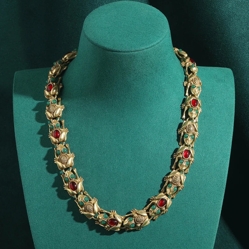 Vintage Rétro Toad Collier Femme Couleured Rouge Vert Verre Antique Couleur or mariage Collier