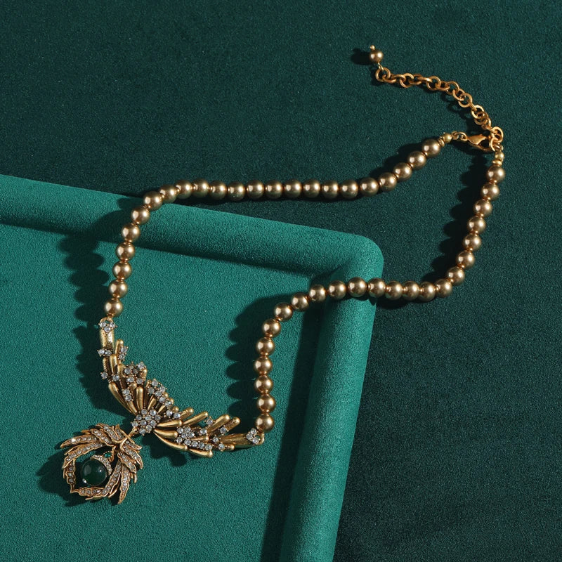 Champagne Perle Strass Abeille Antique Couleur or Vert Perles Pendentif Breloque Collier