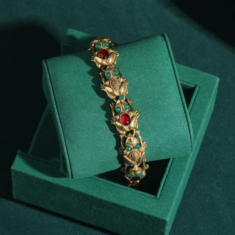 Femme Vintage Réglable Grenouille Pierre naturellele Eyes 18 carats Plaqué or Breloque Bracelet