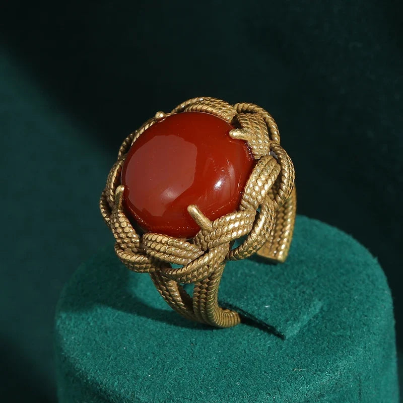 Femme Vintage Couleur or Rouge Agate Pierre Rond Naturel Antique Weave Bague
