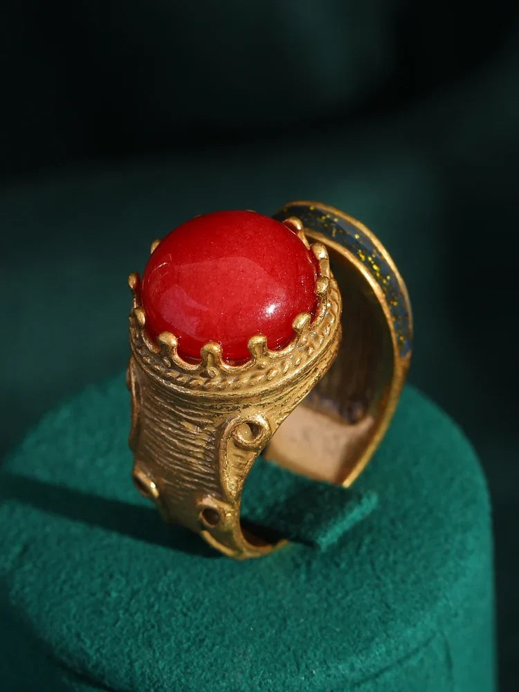Femme Rouge Rond Pierre naturellele Vintage Couronne Antique Couleur or Bague
