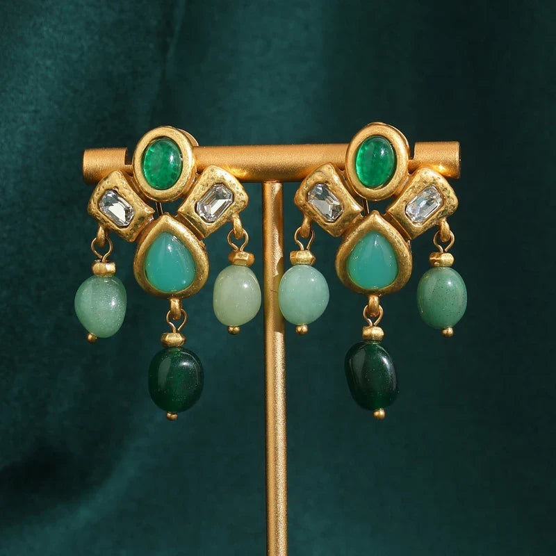 Femme Gothique Vintage Tassels Water pendanteslets Naturel Vert Pierre Couleur or Antique pendantes Dangle Boucles d'oreilles