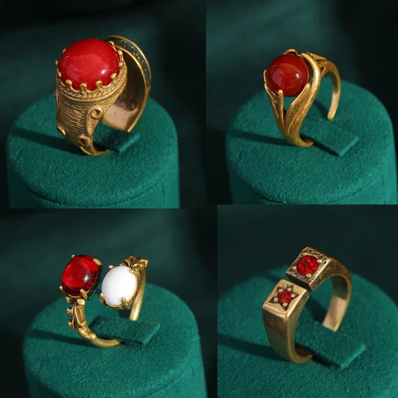 Femme Vintage Couleur or Rouge Agate Pierre Rond Naturel Antique Weave Bague