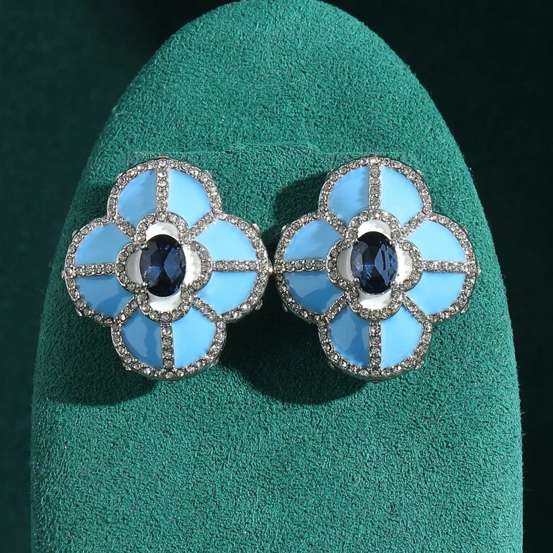luxe Conception Large Bleu Clover Quatre Leafs Fleur clous Breloque Vintage Boucles d'oreilles