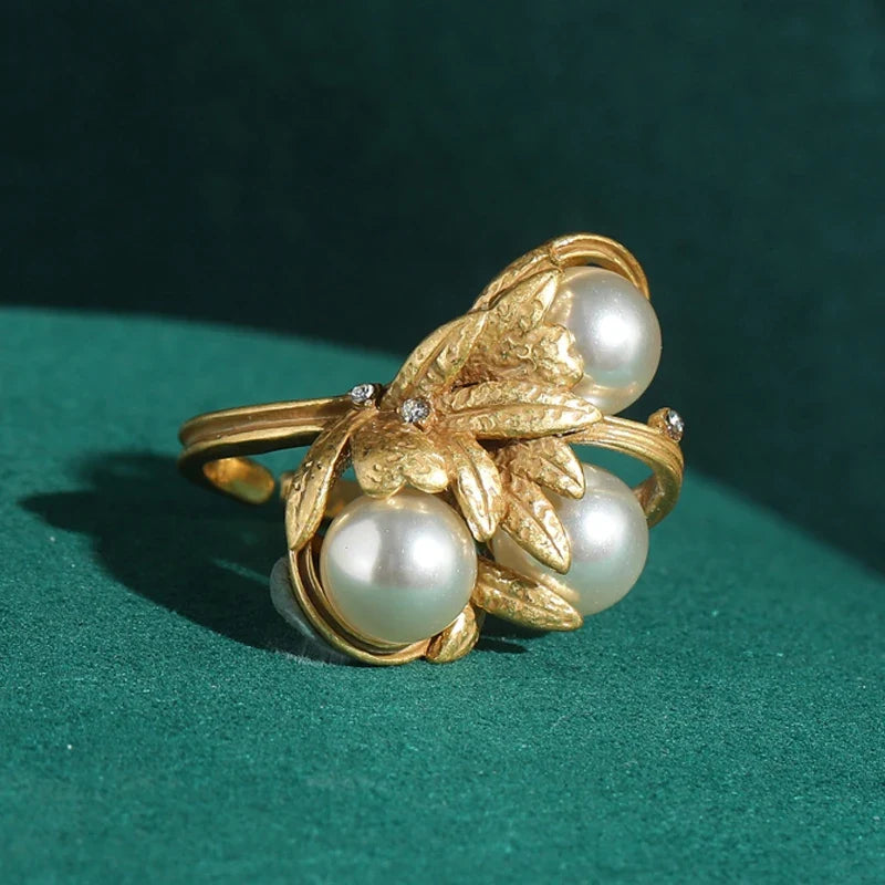 Femme Vintage Perle Réglable Antique Couleur or Feuille Conception Bague
