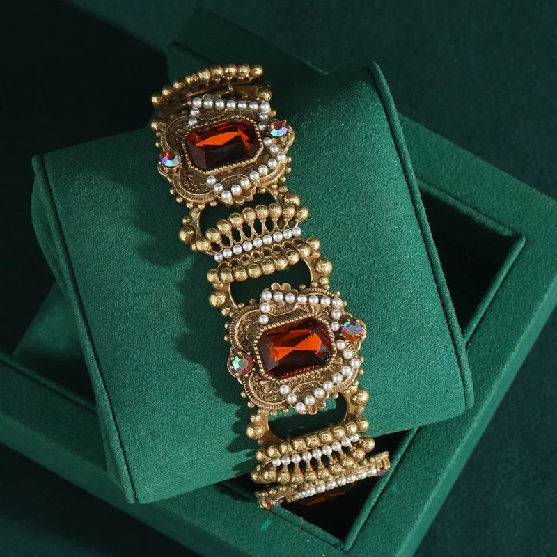 Vintage Strass Rouge Cristal Femme Couleur or Couronne Antique Bracelet