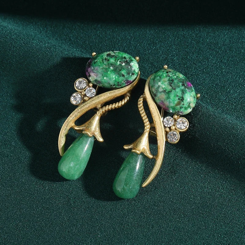 Antique Moss Vert Pierre naturellele Fleur Strass Vintage Long Water pendantes Boucles d'oreilles