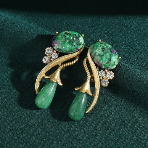Antique Moss Vert Pierre naturellele Fleur Strass Vintage Long Water pendantes Boucles d'oreilles