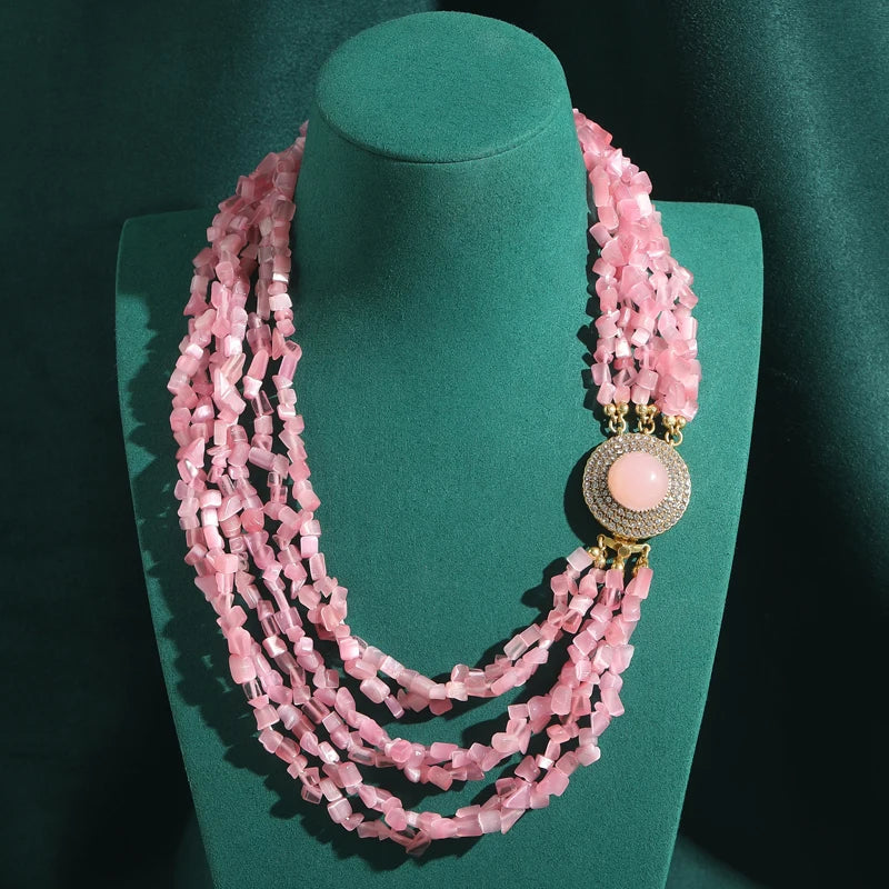 Vintage Femme Twisted Gravel Chaîne Layered Couleur or Rond Rose Quartz mariage Rose Collier