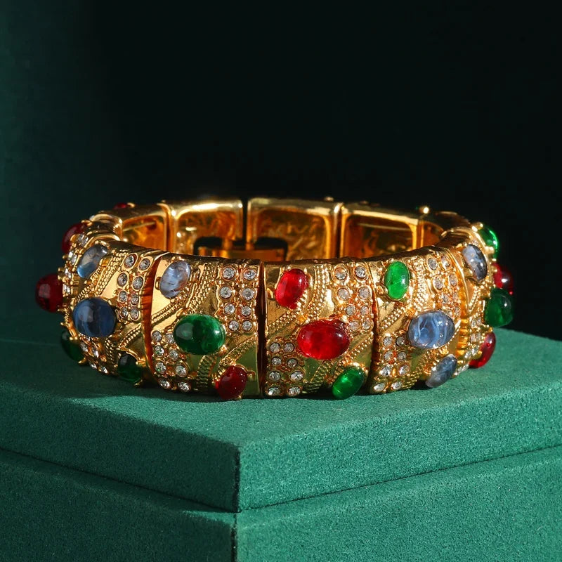 Vintage Large Élastique Pierre naturellele Inlaid Bleu Vert Couleur Antique Bracelets Bracelet