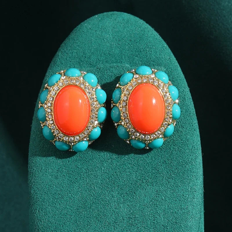 Femme Egg Shape Pierre naturellele Vintage Couleur or mariage clous Boucles d'oreilles