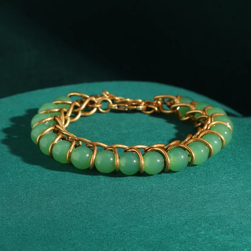 Femme Vintage Couleur or Chaîne Vert Beaded Conception Breloque Antique Bracelets