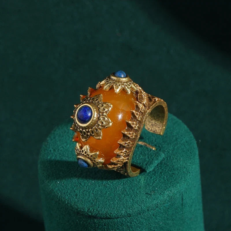Femme luxe Vintage Bleu G18 carats Plaqué or Sun Jaune Pierre Mystic Art Orange Onyx Bague