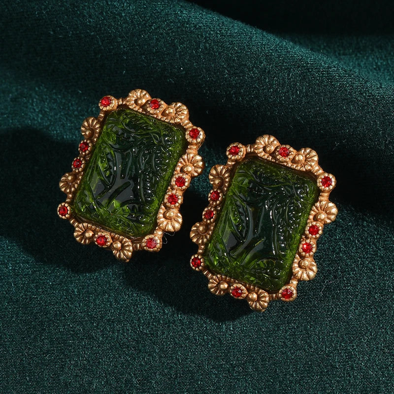 Rectangle Couleur or Vert Antique Relief Palace Verre mariage Breloque Vintage clous Boucles d'oreilles