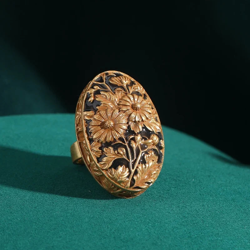 18 carats Plaqué or Femme Hand-Carved Floral Émail Vintage Art déco Bague