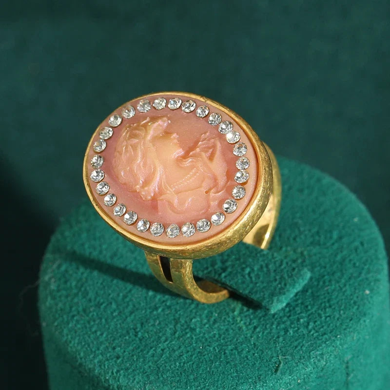 Femme Vintage Camée Rose Ovale Beauty Blanc Strass French Couleur or Bague
