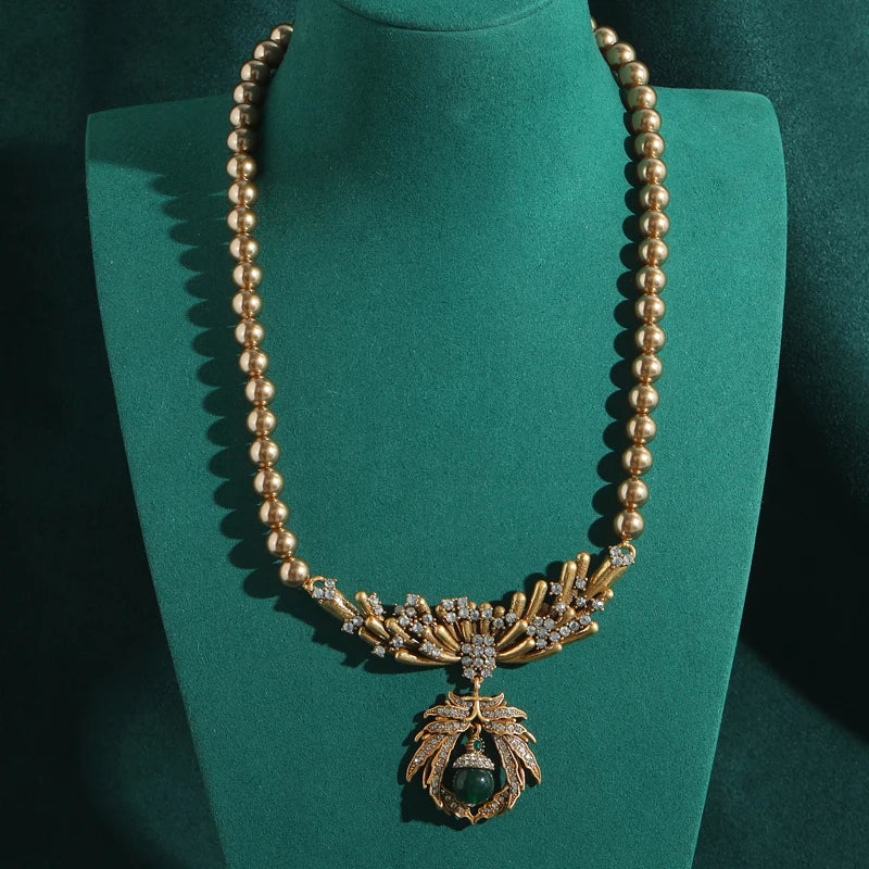 Champagne Perle Strass Abeille Antique Couleur or Vert Perles Pendentif Breloque Collier