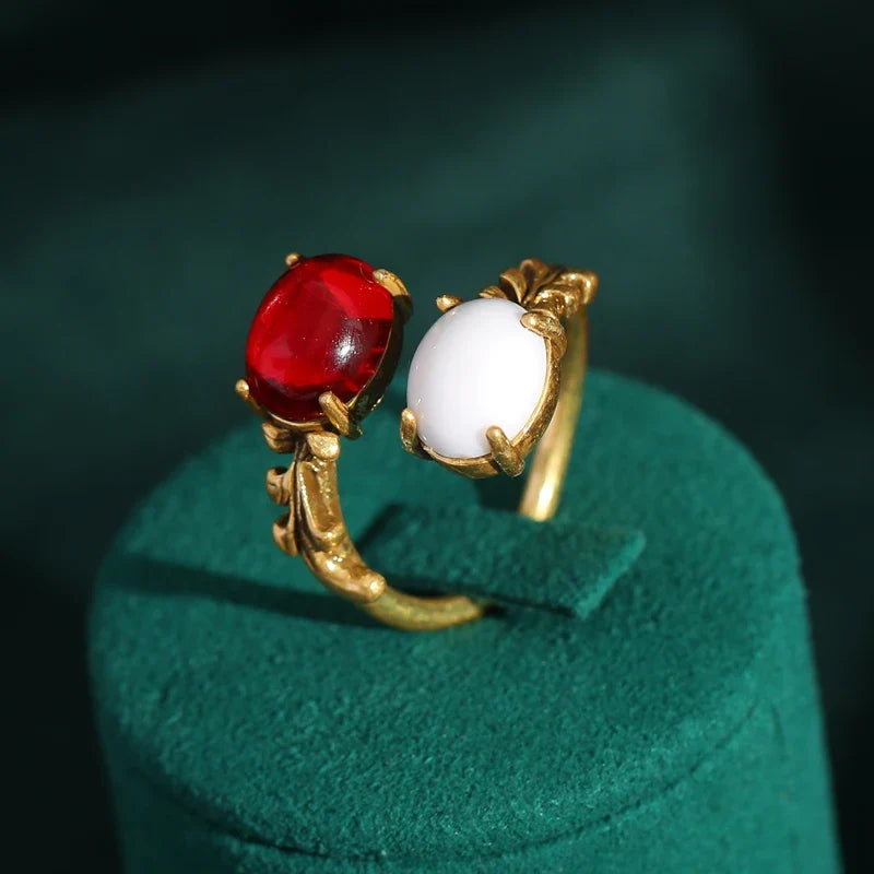 Femme Rouge Ovale Rond Pierre naturellele Vintage Ouvert Engagement Bague