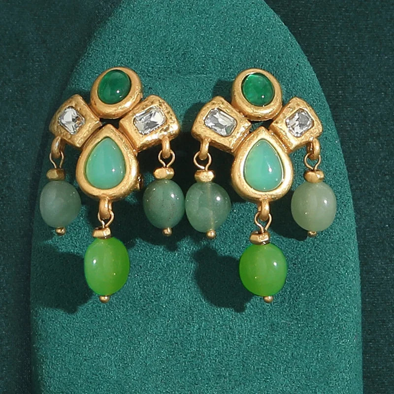Femme Gothique Vintage Tassels Water pendanteslets Naturel Vert Pierre Couleur or Antique pendantes Dangle Boucles d'oreilles