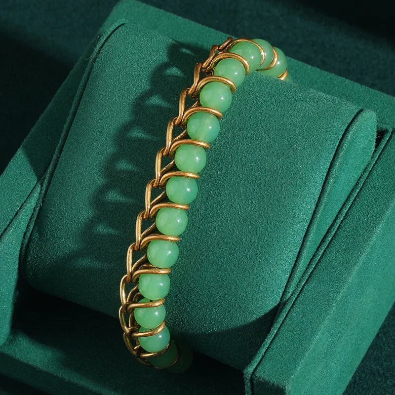 Femme Vintage Couleur or Chaîne Vert Beaded Conception Breloque Antique Bracelets