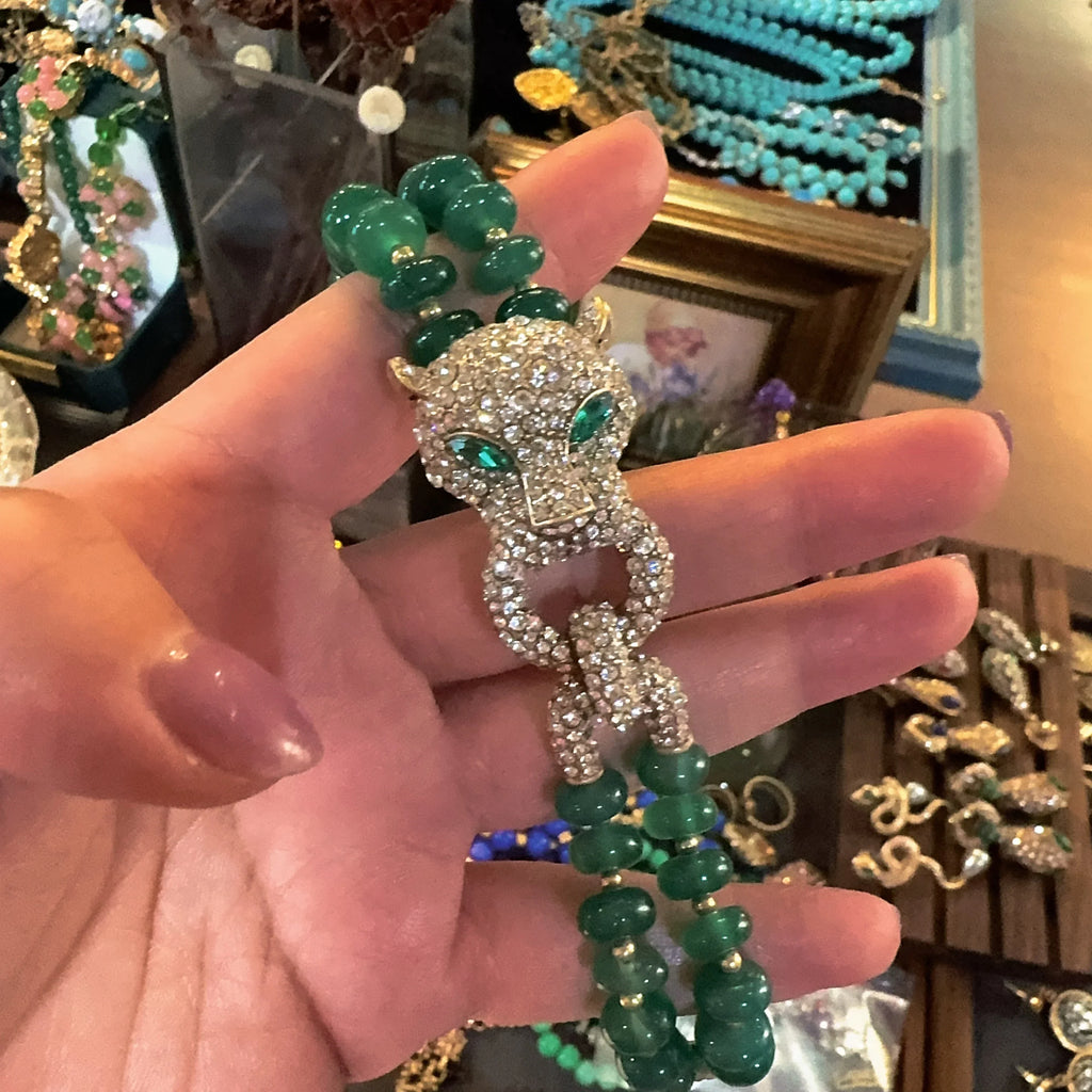 Vintage Vert Perles Femme Strass Léopard Tête Bangles Eye Bracelets