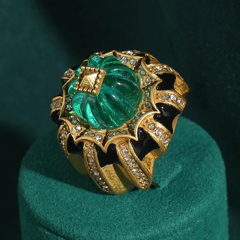 Femme Vintage Pumpkin Bleu Cristal Ouvert Noir Dripping Oil Halloween Bague