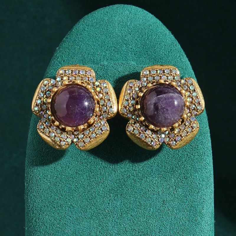 Vintage clous Floral Femme Violet Verre Fleur Strass Couleur or Antique Brand Boucles d'oreilles