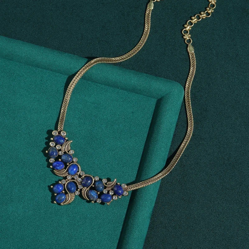 Vintage Serpent Pierre naturellele Pendentif Antique Couleur or Chaîne Collier