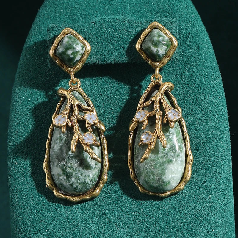 Vintage Long Vert Nature Pierre Conception Antique Couleur or Water pendantes Boucles d'oreilles